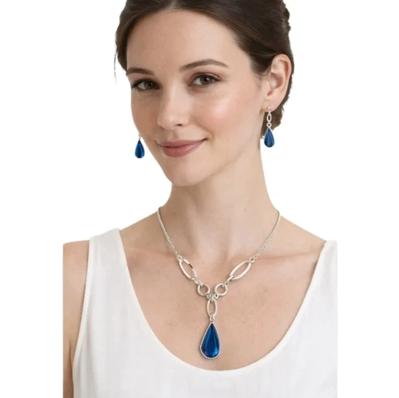 Blue Teardrop Crystal Necklace & Earrings Set Silver Tone Statement Jewelry - Picture 1 of 8